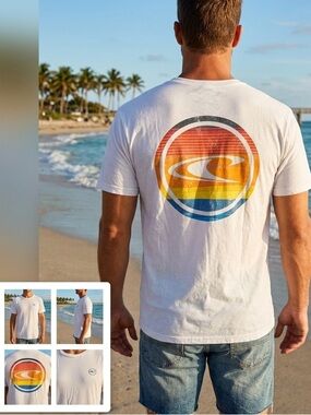 O'Neill Men's White Short Sleeve Premium Tee Vintage Rainbow Sunset Back Graphic